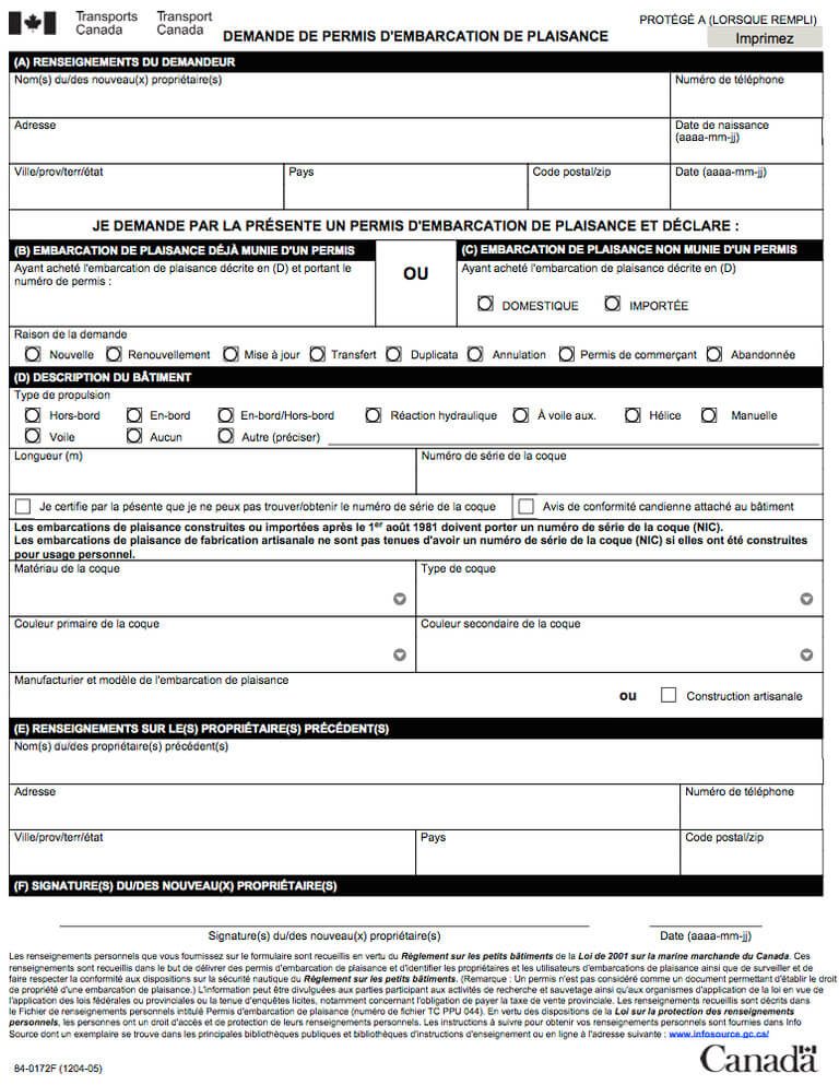 Formulaire de demande de permis d'embarcation de plaisance